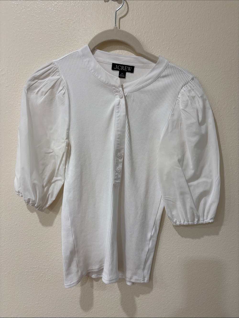 J. Crew White Puff-Sleeve Ribbed Button-Front Top